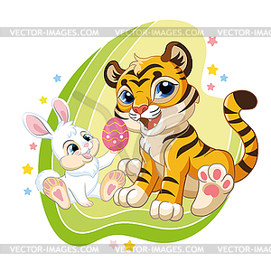 Милый мультяшный тигр с пасхальным кроликом - клипарт в формате EPS