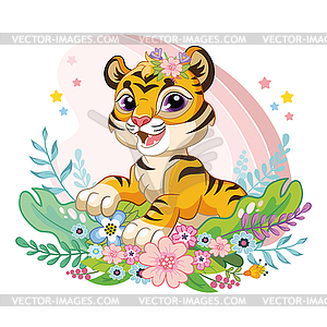 Cute cartoon tiger cub in flowers - vector clipart