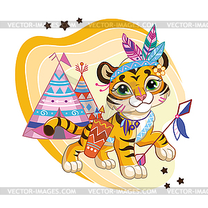 Мультяшный милый тигр с вигвамом - векторный клипарт / векторное изображение