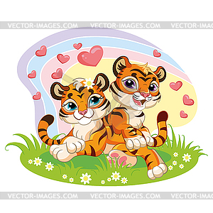 Cute cartoon two loving tiger cubs with hearts - vector clipart