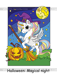 Cute unicorn with broom Halloween cartoon - vector image