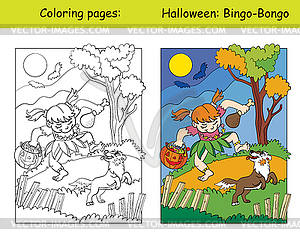 Coloring and colorful Halloween girl in aborigine - vector image