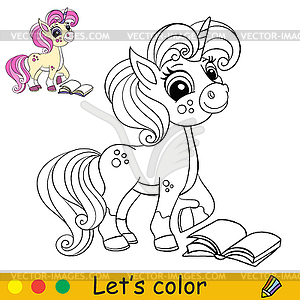 Cute unicorn in profile with book coloring book page - vector clipart