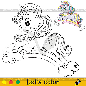 Cute unicorn in profile lies on rainbow coloring - vector clip art