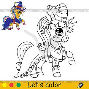 Little witch cute unicorn coloring book Halloween - vector clipart
