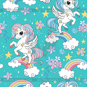 Seamless pattern with cute unicorns turquoise - vector clipart