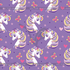 Seamless pattern with cute unicorns and butterflies - color vector clipart