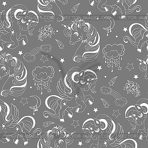 Seamless pattern with cute unicorns monochrome - vector image