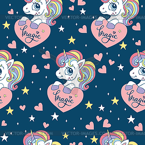 Seamless pattern with cute unicorn with heart - vector image