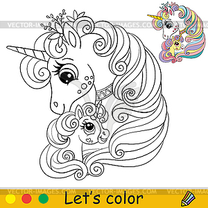 Cute mom and baby unicorns coloring book page - vector clip art