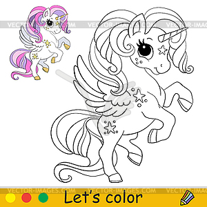 Cute little unicorn with wings coloring book page - vector clipart / vector image