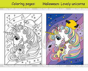 Coloring and colorful cute mom amd kid unicorns - vector clipart