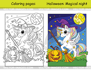 Coloring and colorful cute unicorn with broom - vector image