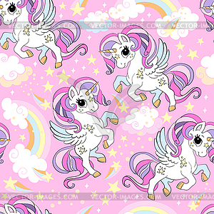 Seamless pattern with little magic unicorns - vector clip art