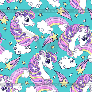 Seamless pattern with cute unicorns and comets - vector clipart