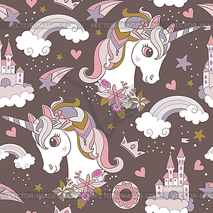 Seamless pattern with cute unicorns heads - vector image