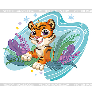 Tiger with plants and snowflakes - royalty-free vector image