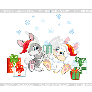 Cute Christmas rabbits with gifts - vector image