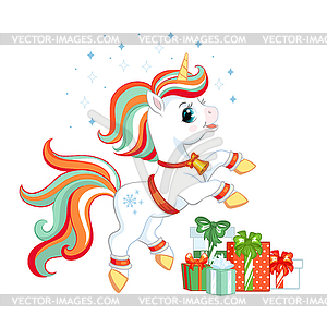 Cute Christmas unicorn with gifts - vector image