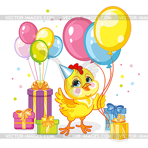 Cartoon chicken with present and balloons - vector image