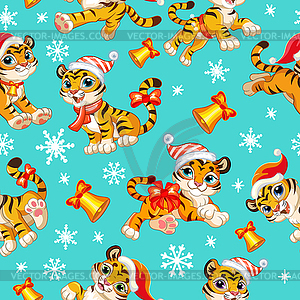 Seamless pattern with baby Christmas tigers - vector image