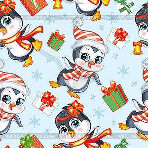 Seamless pattern with baby Christmas penguins - vector clipart