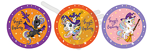 Set of cute cartoon Halloween unicorns circle - vector clipart