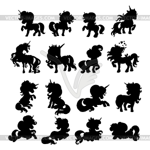 Set of black silhouettes of unicorns - royalty-free vector image