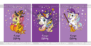 Cute cartoon Halloween unicorns posters set - vector clipart