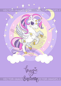 Cute cartoon unicorn on rainbow poster - vector image