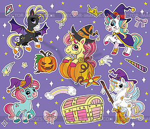 Cute cartoon Halloween unicorns set purple - vector clipart