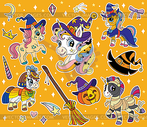 Cute cartoon Halloween unicorns set orange - vector clip art