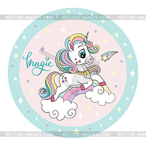 Lovely unicorn on rainbow on circle - vector image