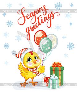 Christmas card with cute chicken and lettering - vector clipart