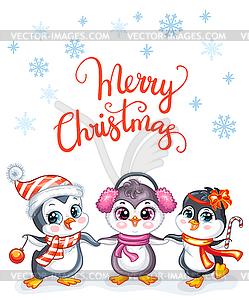 Christmas card with cute penguins and lettering - vector clipart / vector image