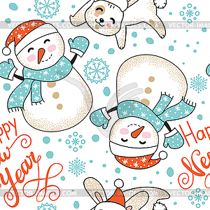 Seamless pattern Merry Christmas rabbit and snowman - vector image