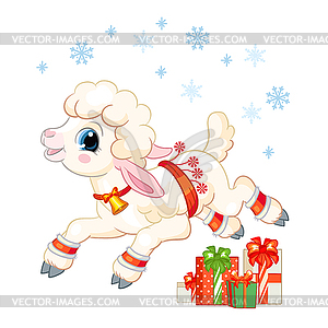 Little lamb Christmas with gifts - vector image