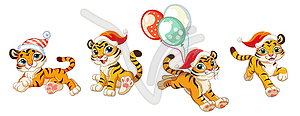 Little funny tigers Christmas set - vector image