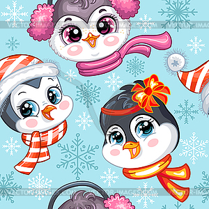 Seamless pattern with penguins Christmas heads - vector image