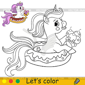 Cartoon cute unicorn with wings holds balloons - stock vector clipart