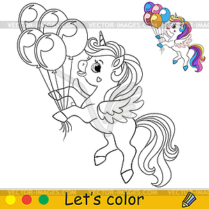 Cartoon cute unicorn with wings holds balloons - vector clip art