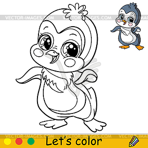 Cartoon cute and happy dancing penguin coloring - vector clipart