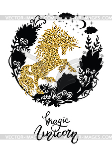 Colorful golden unicorn and trees silhouette - vector clipart