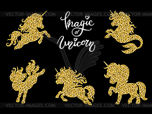 Set of golden silhouettes of unicorns in motion - vector image
