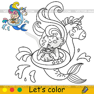 Kawaii mermaid in inflatable circle unicorn coloring - vector clipart