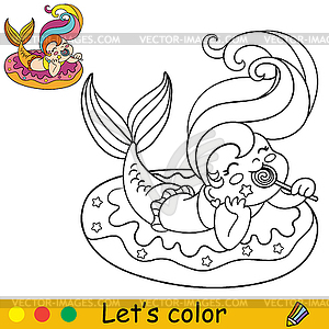 Kawaii mermaid in inflatable circle coloring - vector clip art