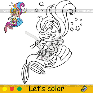 Cute kawaii mermaid eating sushi coloring - vector clip art