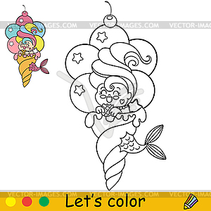 Kawaii mermaid in big ice cream cone coloring - vector image