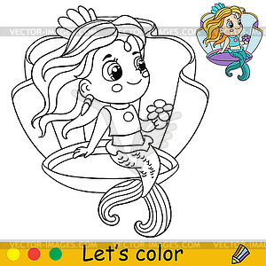 Cartoon princess mermaid sitting in seashell - vector clipart