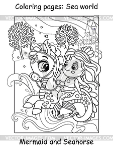 Coloring book page cute mermaid rides seahorse - vector image